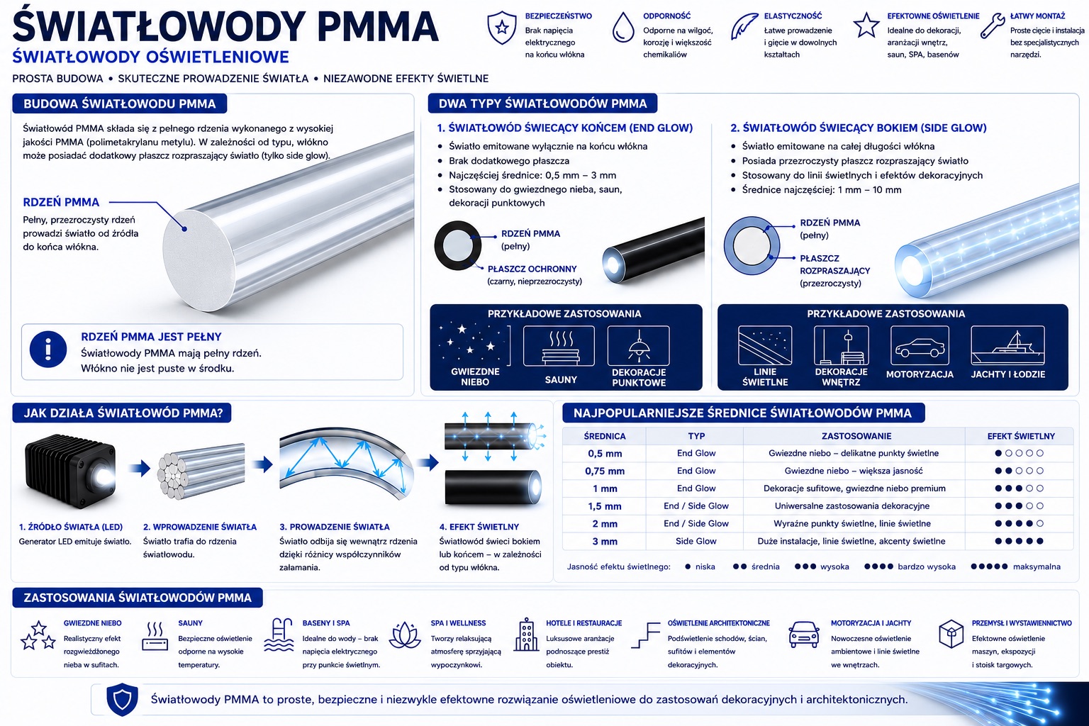 Światłowody PMMA – kompletny poradnik. Budowa, działanie, rodzaje, zastosowania i najważniejsze zalety